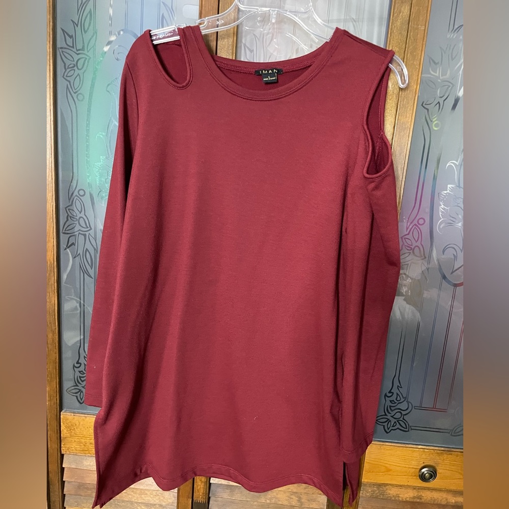IMAN Wine Off-Shoulder Long Sleeve Sweater